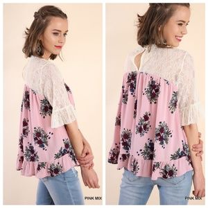 Pink Flowers and Ivory Lace Boho Blouse